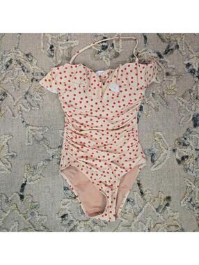 Ruched One-Piece Swimsuit with Ruffles in Red Dot Print